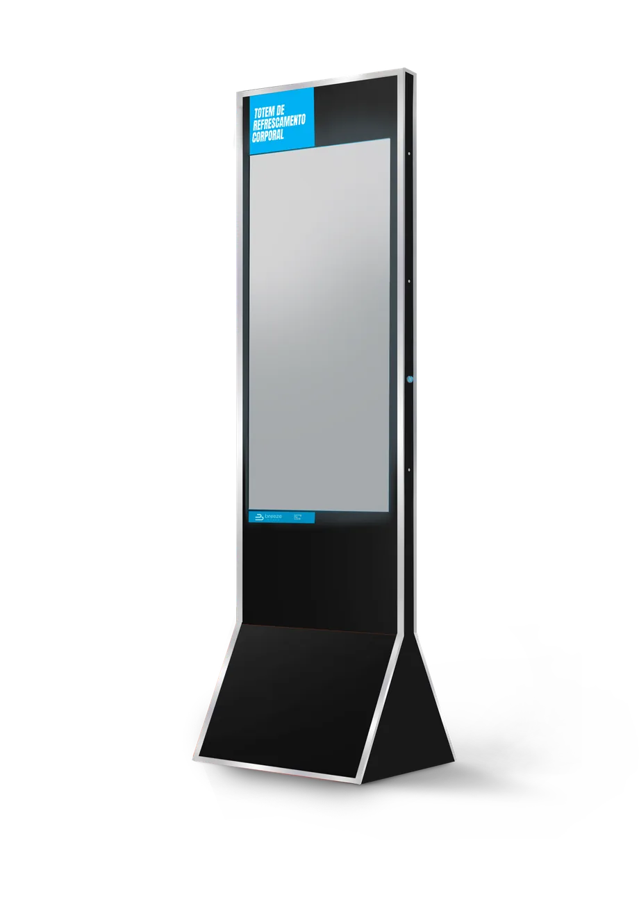 Mockup de referência do totem Breeze, com painel frontal e estrutura apoiada no chão